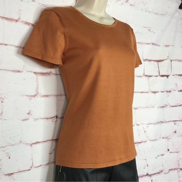 JONES NY PETITE MEDIUM Silk fine ribbed knit caramel brown short sleeve top MP - Picture 5 of 12